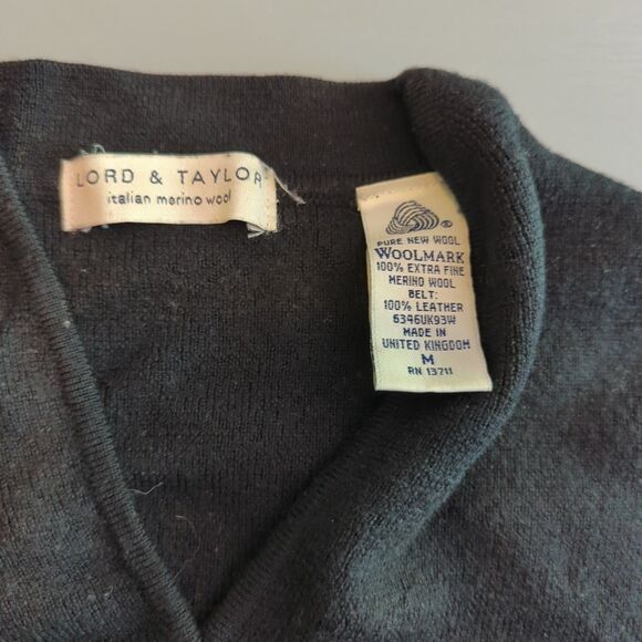 Lord & Taylor Italian Merino Wool Sweater Womens Medium Black V Neck Belted - Picture 5 of 6